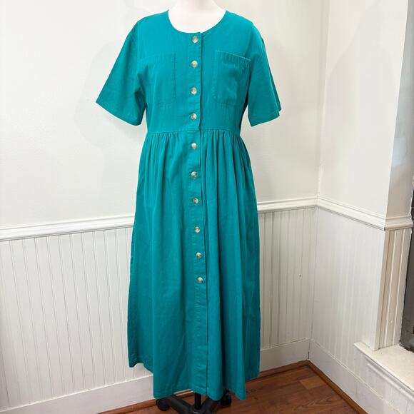 FADS Size M Dress Vintage Teal Turquoise Shirtdress Pockets Cotton Twill 80s 90s - Picture 1 of 15
